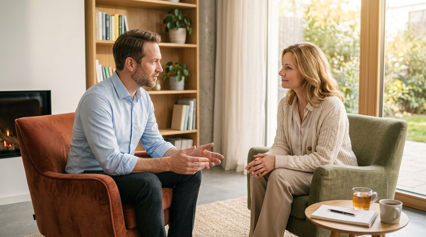 Психолог консультирует пациента после ресоциализации